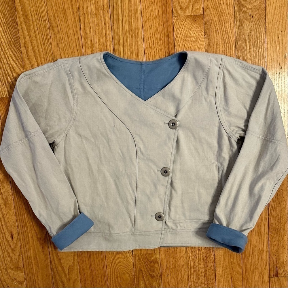 W by Worth Reversible Casual Cotton Button Cropped Jacket Blazer Gray Blue S